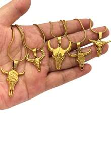 1 pieza Collar de acero inoxidable chapado en oro de 18K personalizado de estilo hip-hop callejero, collar con colgante de calavera de toro de acero inoxidable vintage, joyería de estilo occidental vaquero con dije de animal para hip-hop
