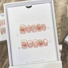 10片夏季粉色手绘猫眼法式草莓波点手工亚克力按压式美甲贴片，可爱甜美短方形假指甲美甲用品 - 粉色 - 查看 2