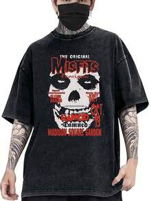 Men's T-Shirt, Retro, Rock Band Misfits Themed, Print, Pattern, Loose Fit, Short Sleeved, Top 004-A - 黑色 - 查看 2