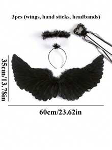 3 件套天使翅膀套装，适用于万圣节、光环头带和带羽毛翅膀的魔杖、女孩仙女服装装扮、圣诞派对照片道具 - 白色 - 查看 14