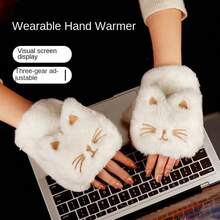 Ladies' Cat Paw Heating Warm Gloves, 2000 Mah Battery, Rechargeable, 3 Temperature Settings, Up To 3.5 Hours Of Battery Life, 36 ° C Surround Heating The Battery Level And Temperature Are Displayed In Real Time On The Screen. The Soft Fleece Is Skin-Friendly And Comfortable. The Half-Finger Gloves Are Used For Gaming, Working And Going Out To Keep Warm And Warm - 白色 - 查看 2