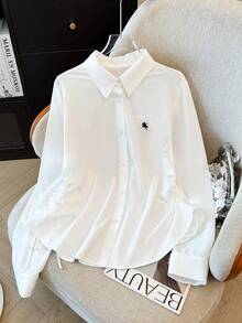 Plus Size Women's Fashion Commuter Pure White Collar Long Sleeve Asymmetrical Hem Pleated Tie Embroidered Horse Pattern Blouse, Office Wear, Autumn/Winter - White - View 2