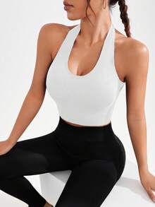 SHEIN Sports Sujetador deportivo con cuello de halter y espalda cruzada sin respaldo - Blanco - Ver 1
