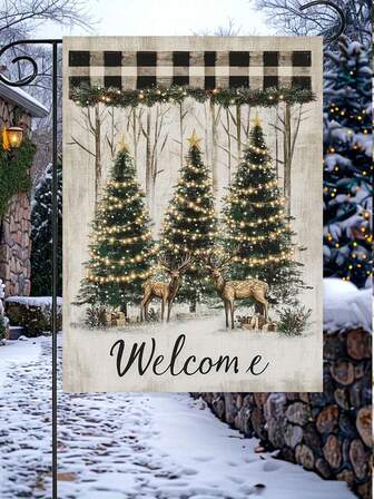 1 Piece Christmas Tree And Reindeer Welcome Garden Flag - Double-Sided 14x18 Inch Outdoor Holiday Decorations, Snow Scene With Pine Trees And Reindeer, Polyester Material For Lawn, Patio Or Entryway, Yard Outdoor Christmas Decorations