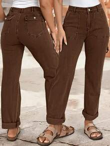 Celana Jeans Wanita Ukuran Besar Model Lurus dengan Kantong, Kasual Sehari-hari Serbaguna, Pinggang Sedang, Pinggang Elastis, Model Mom Jeans Musim Semi dan Gugur - Coffee Brown - View 1