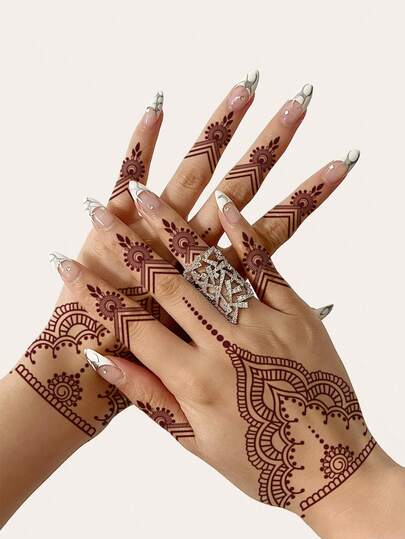 Röd/Vit/Svart Minimalistisk Tatueringsklistermärke Hana Kroppsmålning Brud Hana Elegant Spets Spets Mandala Mönster Brud Hana Händer Fot Rygg Kropp Tillfällig Vattentät Realistisk Fake Tatueringsklistermärke