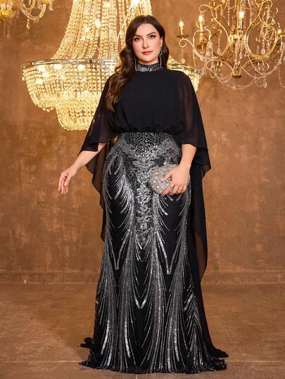  UNITHORSE Plus 女士【随机裁剪】立领披肩袖亮片拼接雪纺长拖尾晚礼服 正式礼服 毕业礼服 晚宴礼服 婚礼礼服 黑色