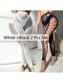 女士渔网连体袜性感异国情调内衣开裆紧身衣连体娃娃睡衣性感紧身裤渔网开口打底裤条纹连裤袜内衣裤，适合派对、俱乐部服装、运动、舞蹈服装、俱乐部街头时尚、夜间外出、约会、表演、新婚之夜 - 性感长袜和紧身裤内衣