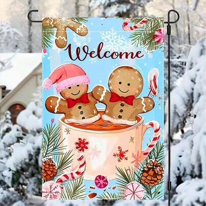 [1pc Christmas Garden Flag] Christmas 1pc Durable Polyester Charming Gingerbread With Hot Cocoa Welcome Garden Flag, 12x18inch, Double Sided Waterproof Burlap, Suitable For Winter Outdoor Decorations
