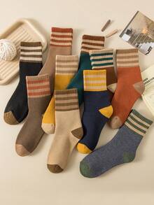 5 Pairs Women's Winter Thickened Mid-Calf Socks, Towel Bottom Striped Long Socks, Marl Color