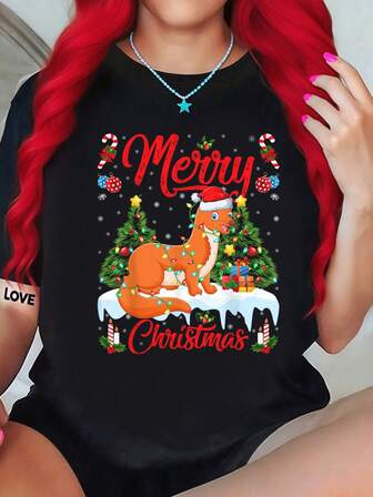 Weasel Merry Tree Lighting Weasel Xmas-Shirt Round Neck Art Fashion Women And Men Black-Shirt