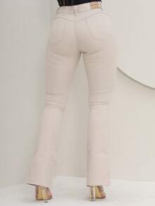 Women's Flare Jeans, High Waist, Bell Bottom - Beige - View 8