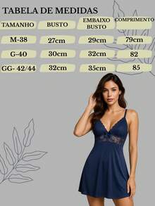 Women's Sensual Nightgown With Bow And Lace Details + Microfiber Robe With Lace PAULA. - Navy Blue - View 5