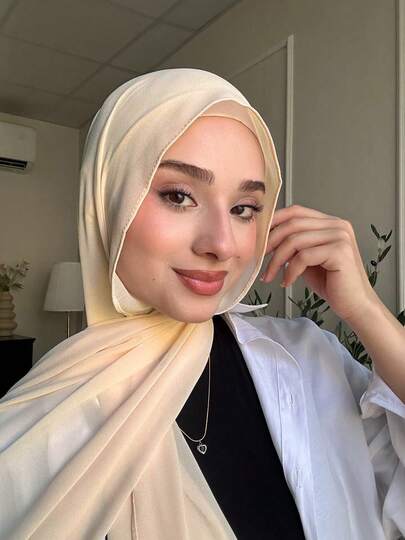 2pcs Muslim Women Solid Color Tube Cap + Chiffon Long Scarf Set, Islamic Hijab Scarves Combo, Elastic Undercap And Chiffon Scarf Casual Outfit