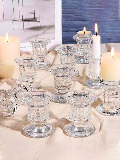 1/6pcs Transparent Glass Candle Holders, Vintage Embossed Crystal Glass Candle Holders, Candle Holder Set, Crystal Column Candle Holders, Suitable For Dining Table, Wedding, Church Decor, Home Decor