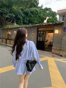 Korean Style Casual Blue Plaid Collared Long Sleeve Shirt + High Waist Ruffle Hem Skirt 2-Piece Set