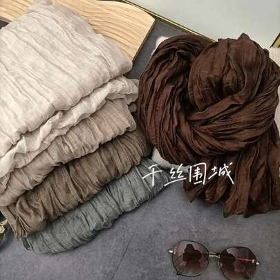 VREOVOR Solid Color Scarf Retro Autumn Winter New Pleated Green Retro Thin Long Strip Shawl Men And Women's Warm Silk