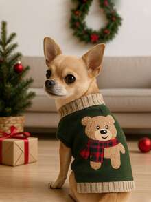 1pc Pet Cat & Dog Stretchy Soft Teddy Bear Embroidery Sweater Knitted Shirt For Fall And Winter Season
