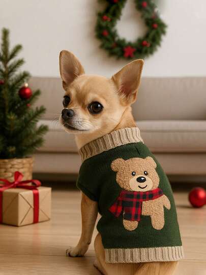 PETSIN 1 Pieza Suéter De Punto Con Oso De Peluche Bordado Para Mascotas Gato Y Perro, Elástico Y Suave Para El Otoño E Invierno