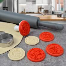 Assorted Round Christmas Cookie 3D Molds And Stamps, Silicone Christmas Baking Stamps, Cartoon Kitchen Birthday Party Supplies, Holiday Baking Tools, Reusable Lightweight Stamps, Multifunctional Baking Accessories