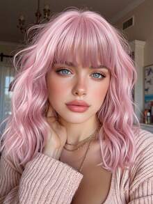 Tóc giả ngắn gợn sóng màu nâu lanh 10 inch, tóc giả tổng hợp chịu nhiệt có mái dành cho nữ, phù hợp để đội hàng ngày, dự tiệc và cosplay. - Hồng - Xem 12