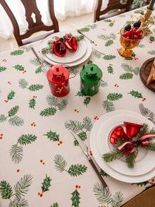 1pc Merry Christmas Rectangular Tablecloth, Green Pine Leaf & Pine Cone Print Pattern, Bamboo Texture, Washable, Suitable For Dining Table, Coffee Table, Nightstand, Cabinet Cover, Home Kitchen, Party, Christmas Decor, Holiday Gift, New Year Decoration - Green - View 18