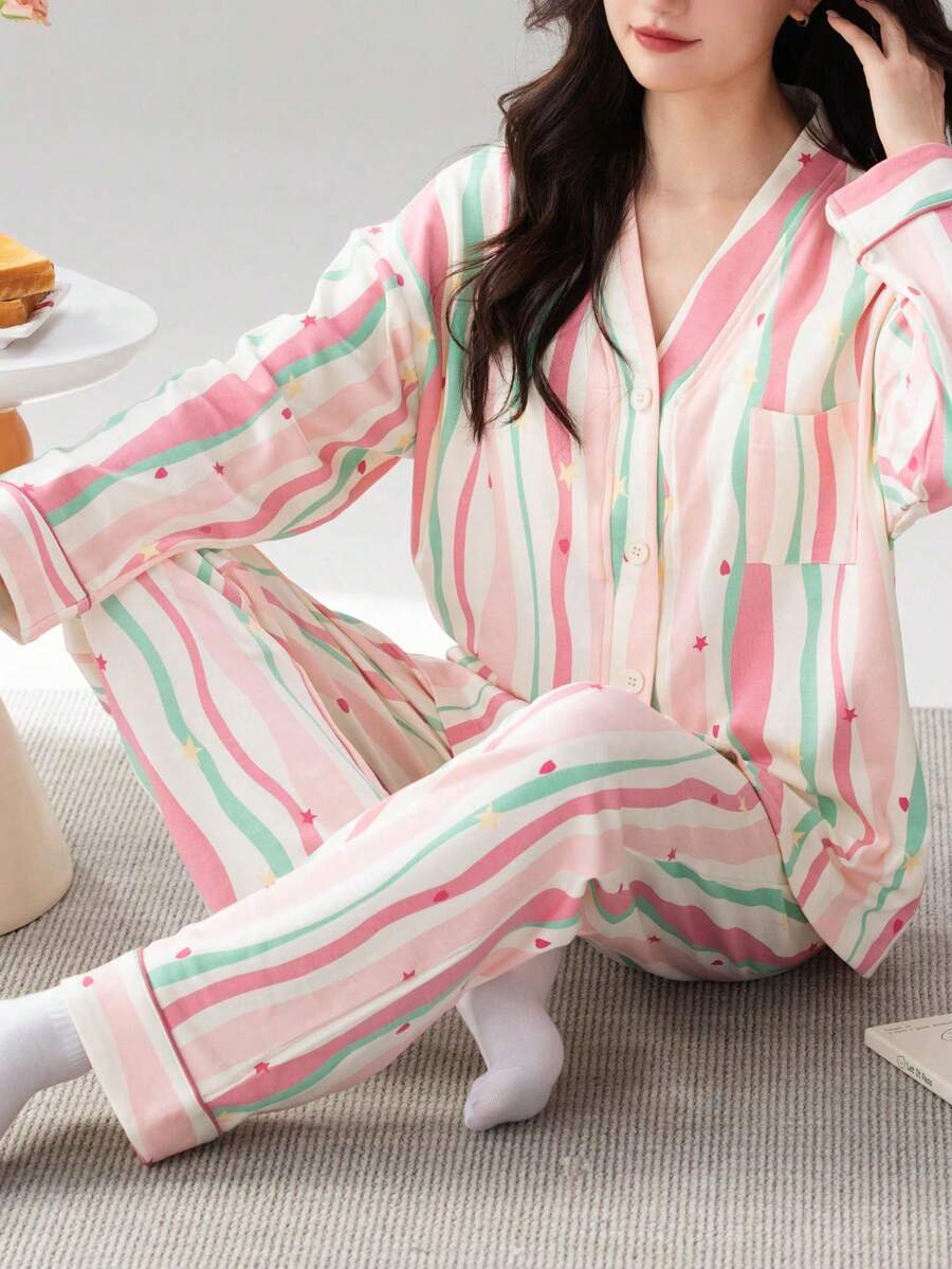 [PONX]2pcs/Set Women Soft Sleepwear Pajama Set, V-Neck Long Sleeve Top And Pants, Comfortable For Home Wear, Spring/Autumn, Fall Winter Clothes - Multicolor - View 1