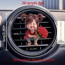 1 Stück süßes Mädchen mit roten geflochtenen Haaren 2D Acryl Rose Muster Auto Clip, aus strapazierfähigem Acrylmaterial, passend für die meisten Automodelle, Auto Innenraum Deko Geschenk - Verschiedenfarbig - Übersicht 3