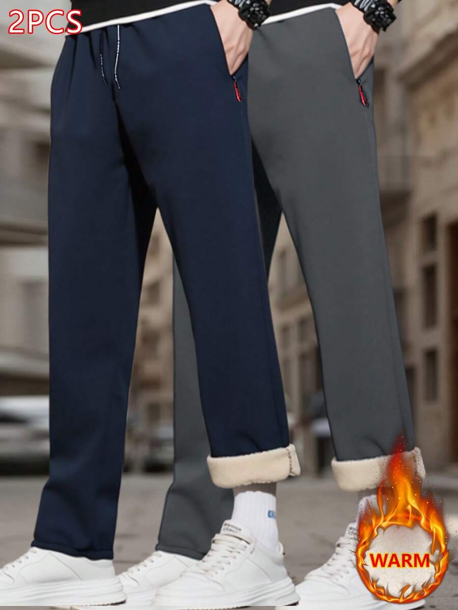 2 Pieces Set, Men's Winter Lamb Wool Warm Pants, Casual Straight Leg Pants With Zipper Pockets And Drawstring, Comfortable And Easy To Match.