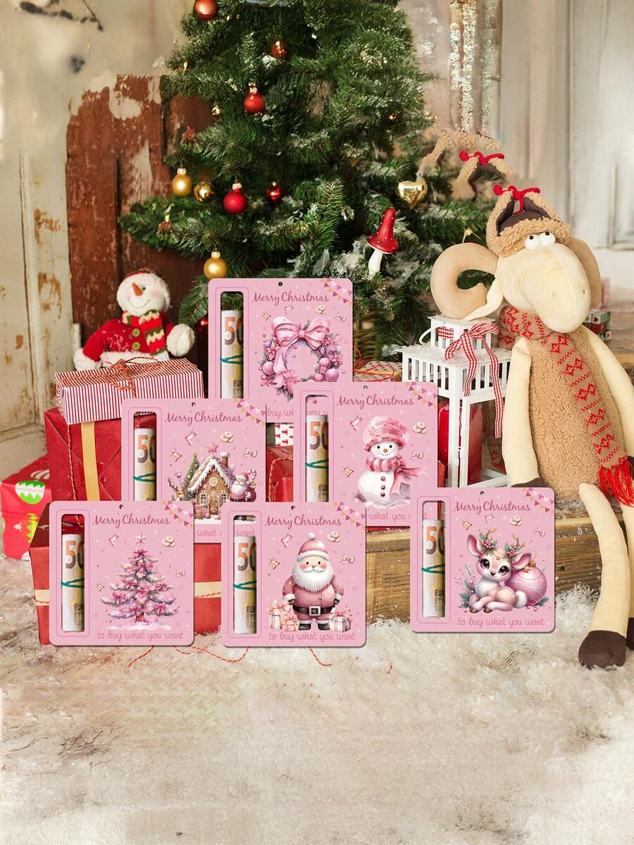 6 Stücke Weihnachts-Geldtasche Karte, rosa beidseitiges Muster Weihnachts-Geldtasche Dekoration, geeignet als Geschenkverpackung, Feiertags-Geldgeschenk Karte, für jedermann geeignet, witzige Weihnachts-Bargeld-Geschenkideen, Weihnachts-Hängedekoration
