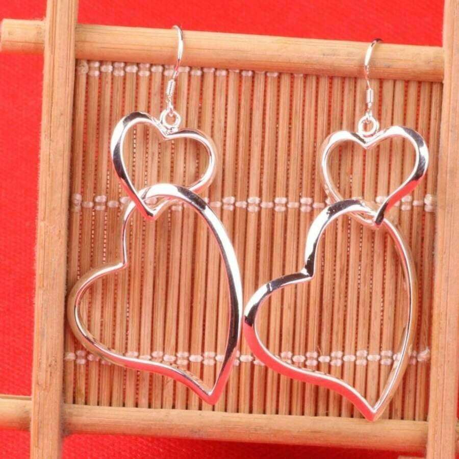 Fashionable Silver-Plating Double Heart Shaped Long Earrings Women, Suitable Daily Outings, Travel And Vacation - 銀色 - 查看 1