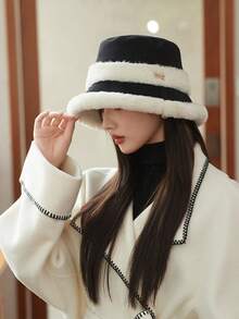 1pc Women's Autumn/Winter Plush Patchwork Bucket Hat, Warm Thermal Lined, Windproof, Ear Protection, Suitable For Daily Wear Winter Warm