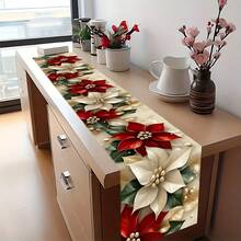 1pc Red Christmas Floral Table Runner With Poinsettia And Gold Accents - Dining Table Decor, Suitable For Kitchen, Outdoor Parties | Holiday Home Gift | Elegant Tabletop Accessory | Christmas Dining Table Decoration