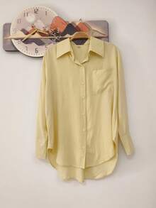 Women's Long Sleeve Button Down Shirt - 黃色 - 查看 1