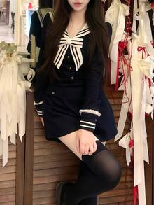 1 件海军蓝领子收腰长袖制服连衣裙，蝴蝶结装饰甜美性感迷你连衣裙，女子团体舞台表演和毕业服装 - 藏蓝色 - 查看 3