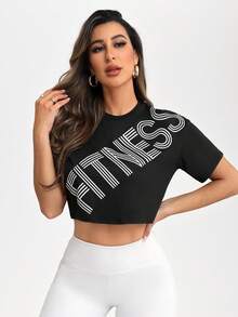 SHEIN Sports Camiseta deportiva ajustada con estampado de letras y teñido anudado - Negro - Ver 2