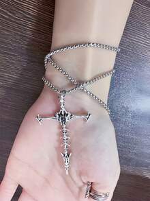 1 件简约水钻镶嵌十字架不锈钢项链，长款多层项链，适合日常佩戴，男女通用