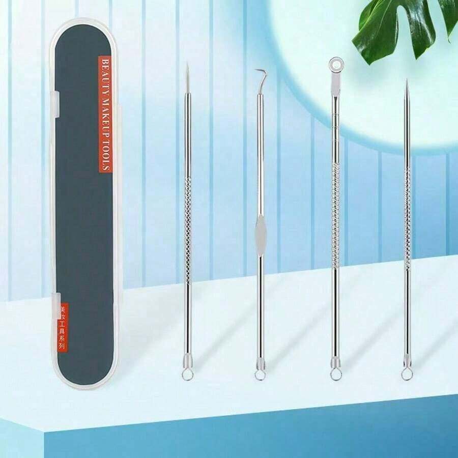 4-Piece Set Of Acne Needles To Remove Blackheads, With Portable Storage Box, Acne Removal And Cleaning Hook, Light Beige Skin Care And Beauty Pore Cleaning Needles Blackhead Removal Set Esthetician Supplies Face Scrubber - 銀色 - 查看 1