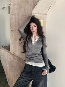 初秋女士休闲二合一修身长袖T恤