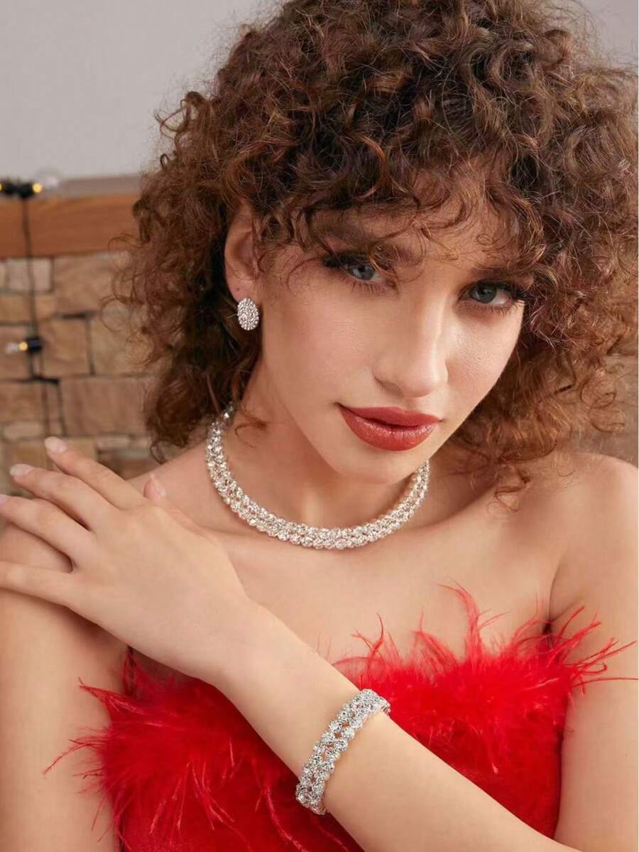 3 件套奢华新娘婚礼项链、手链、耳环套装、全水钻装饰颈链、多层项链、新娘配饰