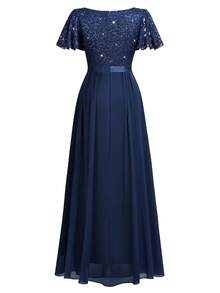 MIUSOL Elegant Women's Contrast Sequin Lace Chiffon Navy Blue Flowing Pleated Hem Maxi Dress With Sweetheart Neck & Flounce Sleeves, For Formal Evening Party, Wedding Guest, Birthday, Vacation, Dinner - 藏蓝色 - 查看 8