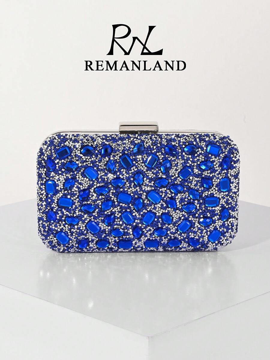 REMANLAND 闪亮优雅的盒形手拿包，时尚手提包，饰有蓝色水钻链条，适合女士参加派对、婚礼、正式晚宴、宴会等场合，是派对女孩和女士的理想之选，也是送给女性的绝佳礼物。 - 寶藍色 - 查看 1