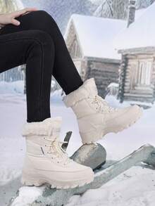 Women's Snow Boots, Thick Thermal Lining, Warm, Outdoor High-Top Boots, Lace-Up, Ski Boots, Fashion Mid-Calf High-Top Boots, Winter Sports Boots - Beige - View 4