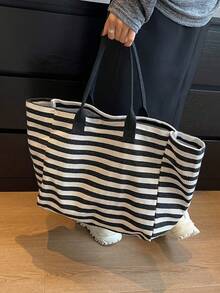 Canvas Tote Bag For Women, Large Capacity, New Summer Style, Versatile Shoulder Bag, Striped Texture, Suitable For School And Commute - Black and White - View 6