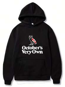 Men'S October'S Very Own OVO Canadian Hoodie - Maroon Casual Pullover With Bold Letter Print, Long Sleeve, Loose Fit, 100% Polyester, Perfect For Fall And Spring, Oversized Hoodie - 黑色 - 查看 1