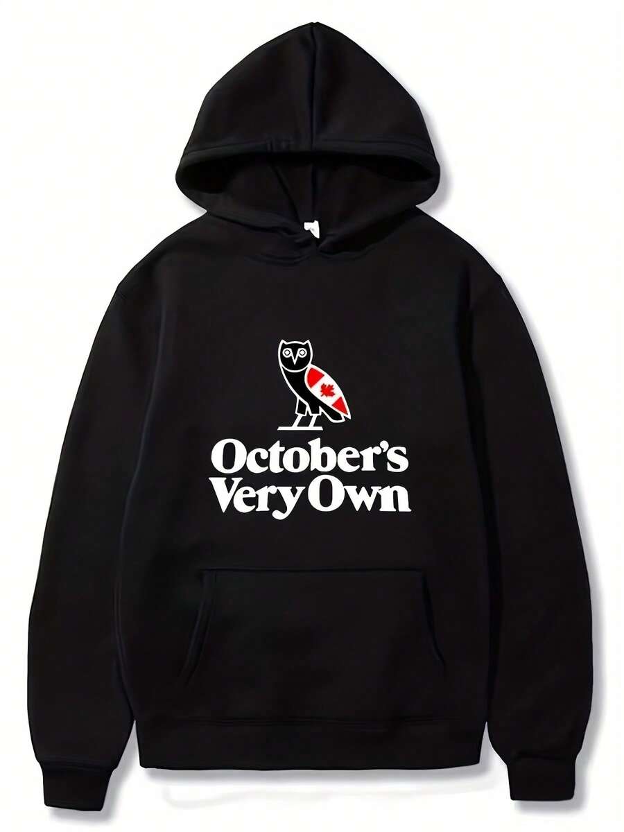 Men'S October'S Very Own OVO Canadian Hoodie - Maroon Casual Pullover With Bold Letter Print, Long Sleeve, Loose Fit, 100% Polyester, Perfect For Fall And Spring, Oversized Hoodie - 黑色 - 查看 1