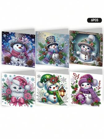 6pcs/Set Christmas Theme Diamond Painting Greeting Card Set, DIY 5D Unique Crystal Art Embellished Painting Christmas Postcards Crafts, Mosaic Handmade Creative Gifts, High-Quality Craft Paper Materials, Suitable For Party Supplies, Christmas, And Holiday New Year Blessings.