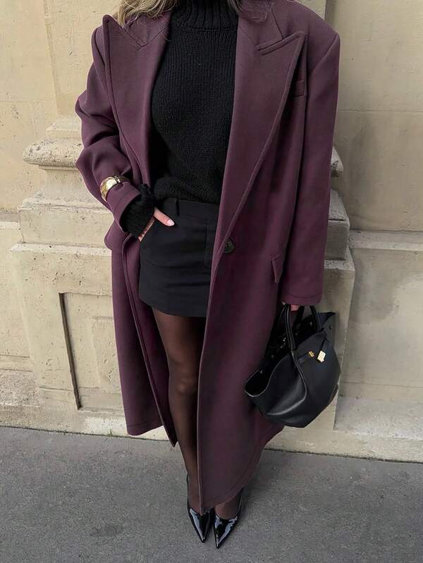 Abrigo largo de lana de ajuste holgado de elegancia francesa para mujer, de manga larga, para otoño/invierno