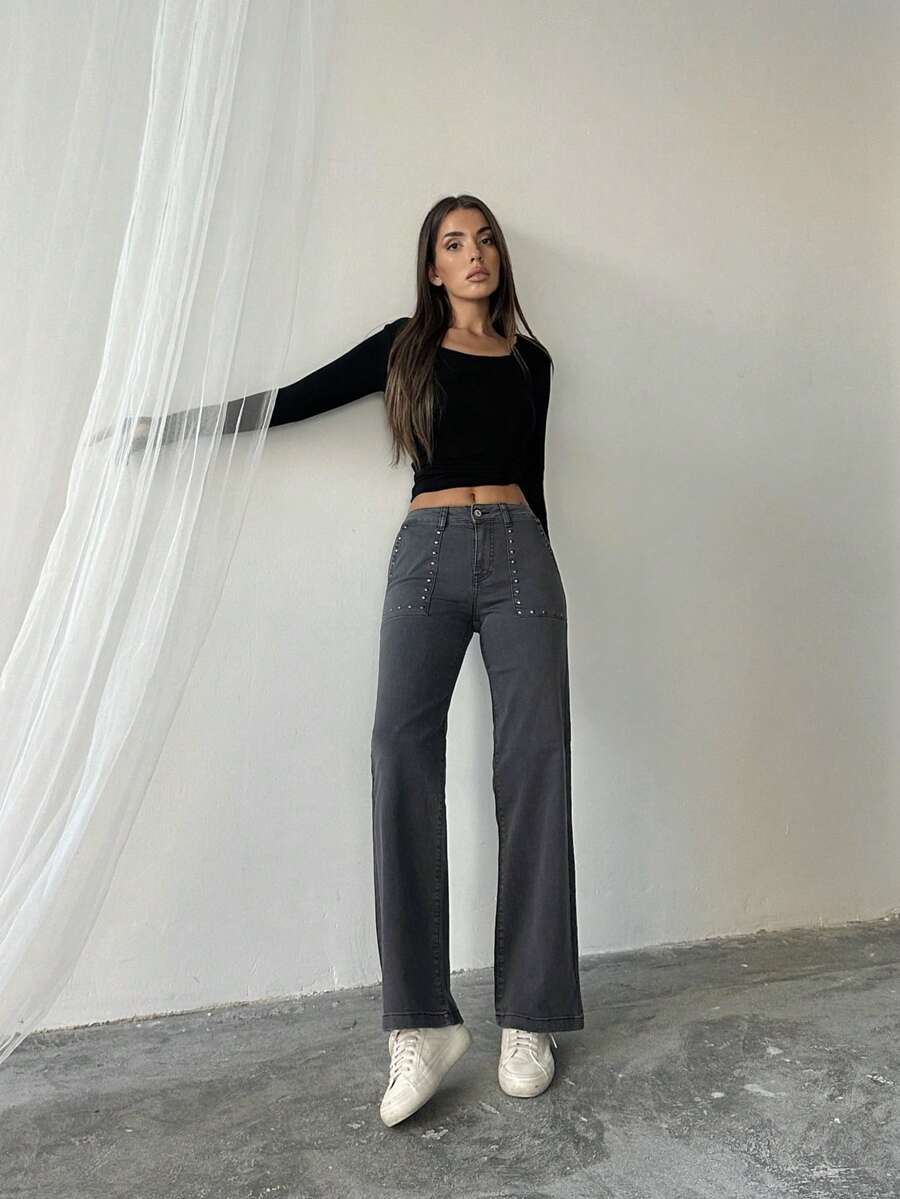 Stone Patterned Wide Leg Women's Trousers - Volcanic Gray - View 1