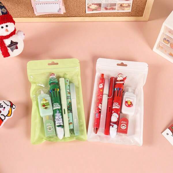 6pcs Christmas Student Stationery Set, High Beauty Cartoon Multi Color Pen Set, Starting Season Student Reward Gift